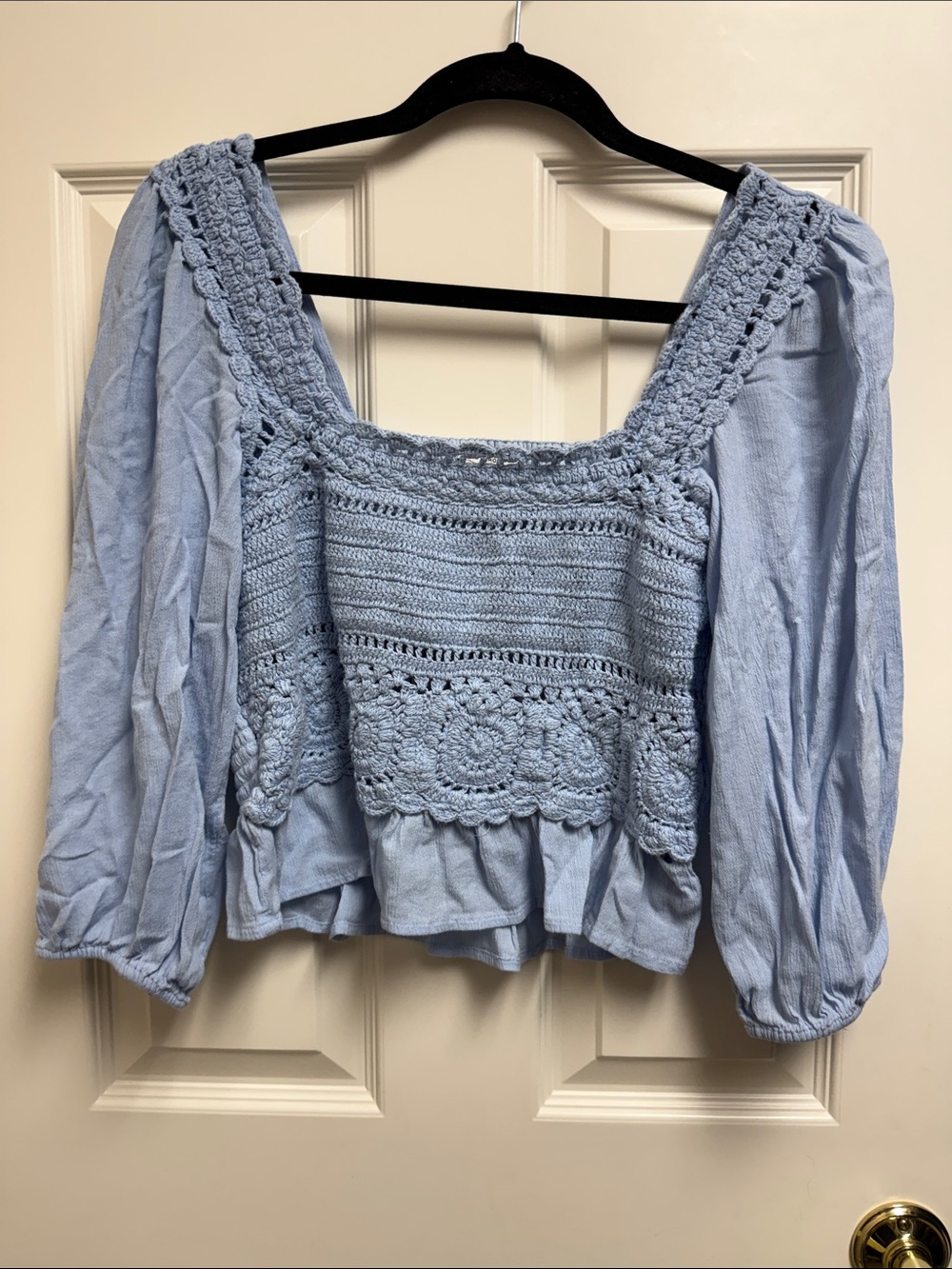 American Eagle Crochet Square-Neck Peasant Top - Light Blue